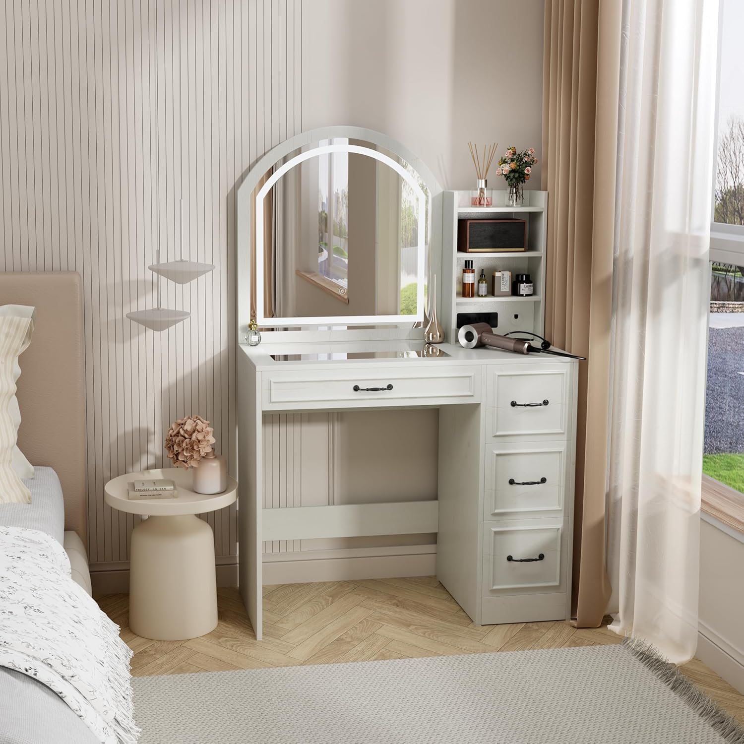 Home Outlet Bathroom - طاولة زينة عصرية مع مرآة مضاءة،