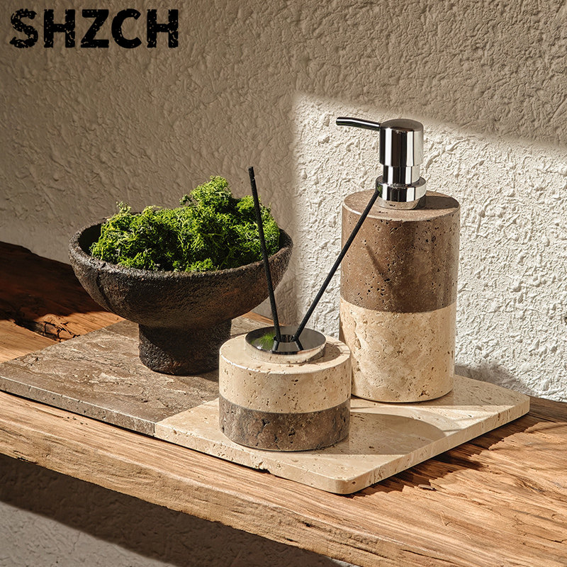 Home Bathroom Glass - طقم موزع صابون الحمام من الترافرتين،